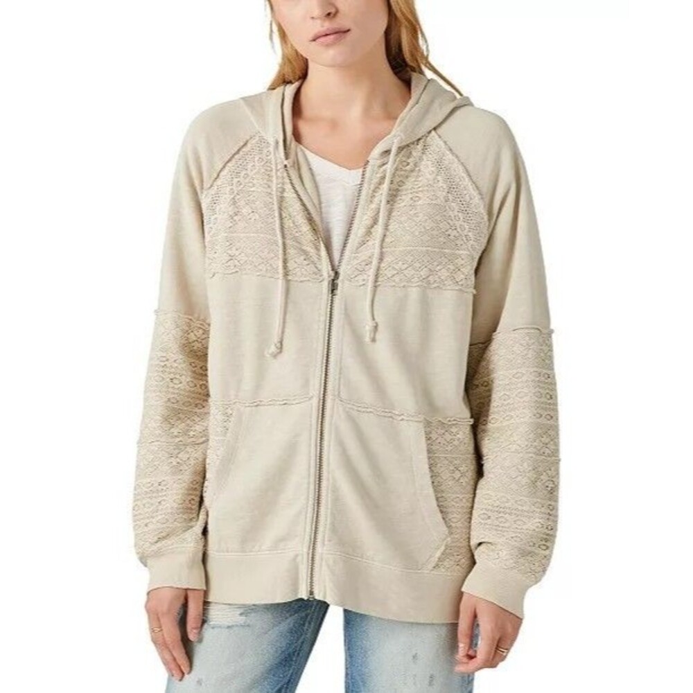 Lucky Brand Women's Lace Accent French Terry Full Zip Hoodie Jacket Size Large